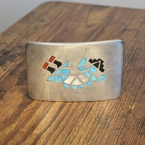 Dymo Silver Belt Buckle with Blue and Orange Accents
